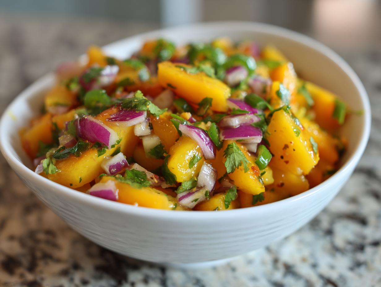 Close-up of a white bowl filled with bright yellow peach salsa mixed with red onion and cilantro.