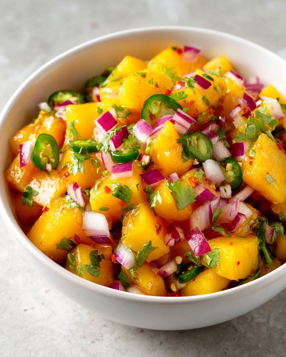 Close-up of vibrant peach salsa featuring diced peaches, red onion, jalapeño slices, and cilantro in a white bowl.