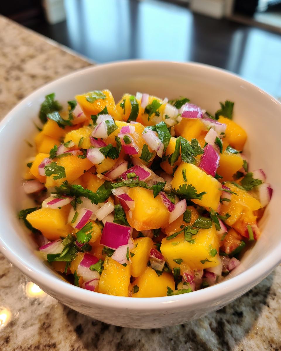 Close-up of vibrant peach salsa featuring diced yellow peaches, red onion, and cilantro in a white bowl.