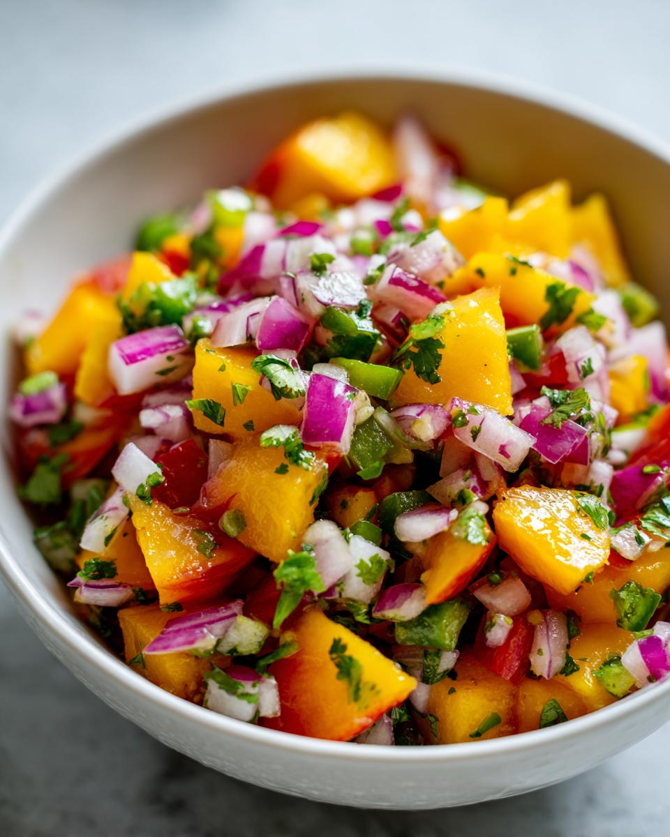 Close-up of chunky, colorful peach salsa featuring diced peaches, red onion, cilantro, and jalapeño in a white bowl.