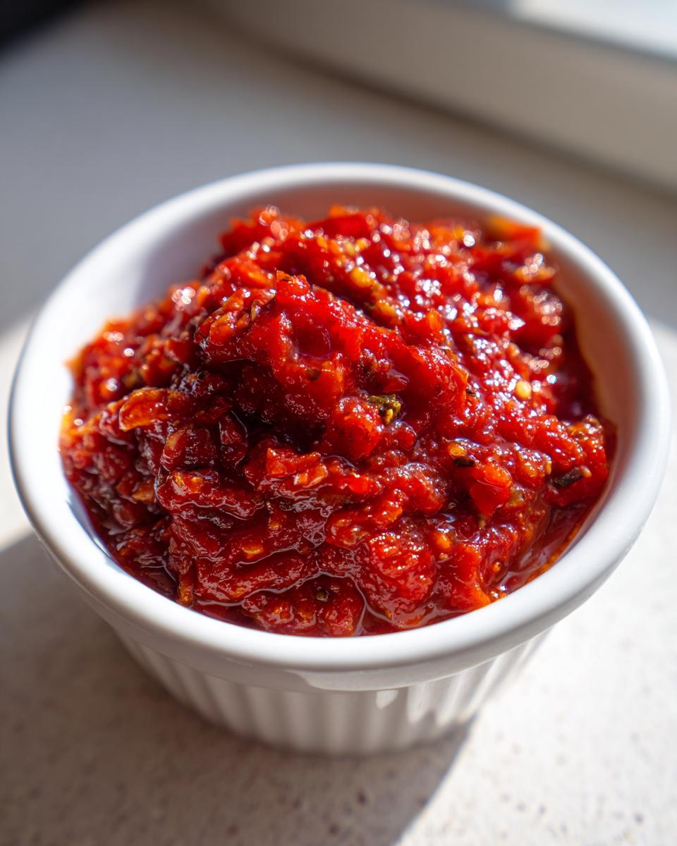 Close-up of rich, chunky homemade pizza sauce in a small white bowl, highlighting its bright red color.