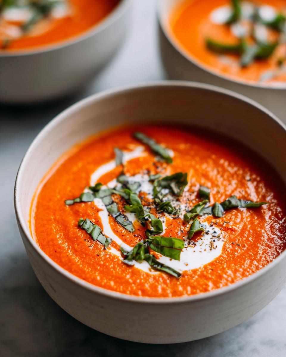 Close-up of a bowl of vibrant orange tomato basil soup, garnished with cream swirl and fresh basil.
