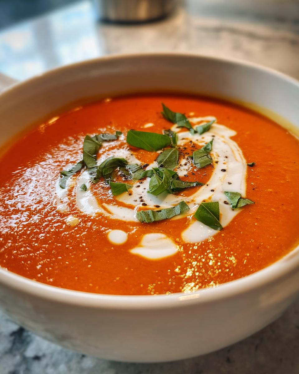 Close-up of a vibrant bowl of tomato basil soup topped with a swirl of cream and fresh basil leaves.