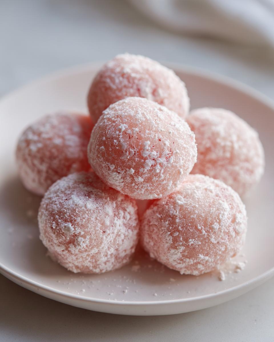 A stack of six pink, round watermelon mochi balls heavily dusted with white powdered sugar on a light plate.