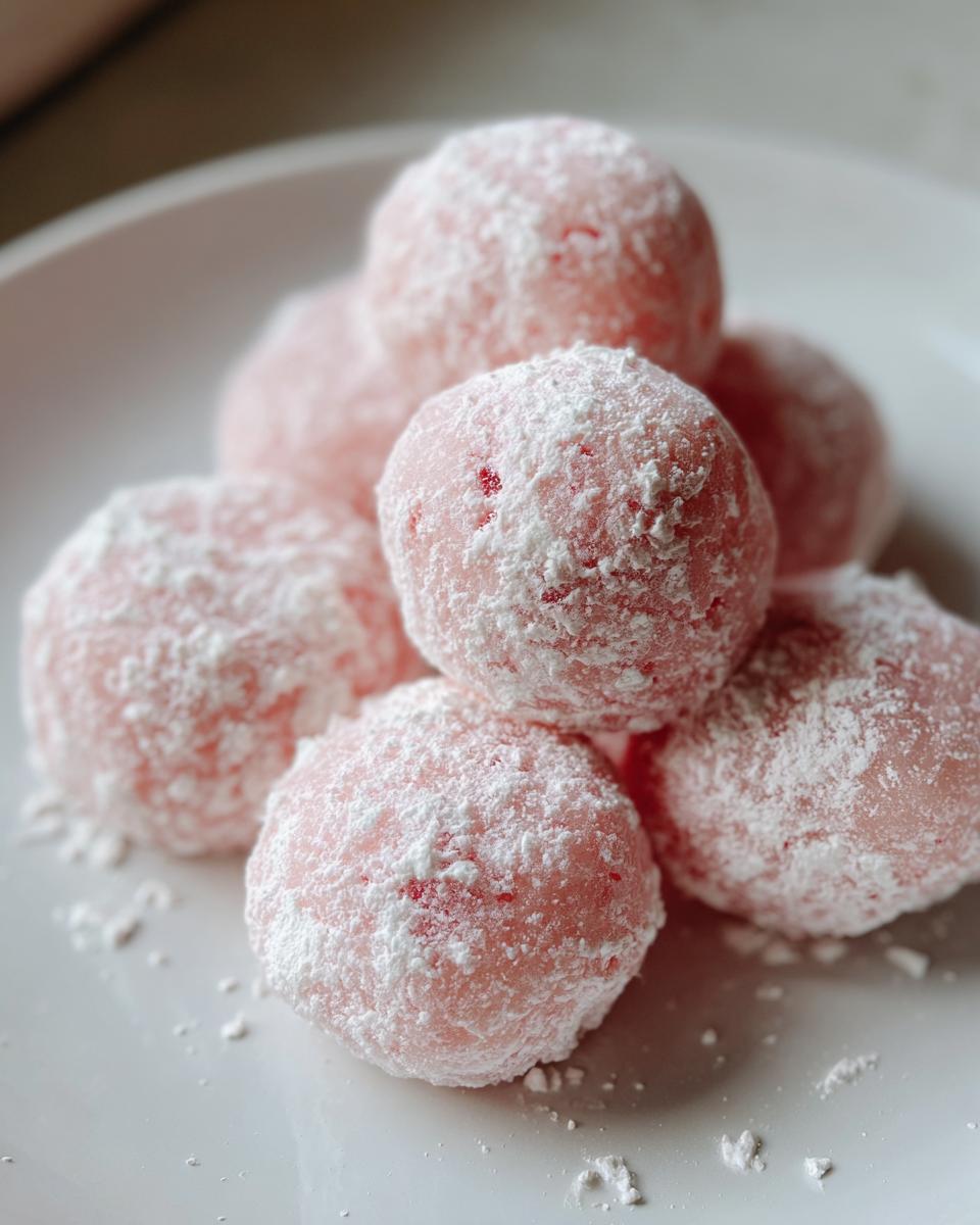 A close-up stack of pink watermelon mochi balls heavily dusted with white powdered sugar, resting on a white plate.