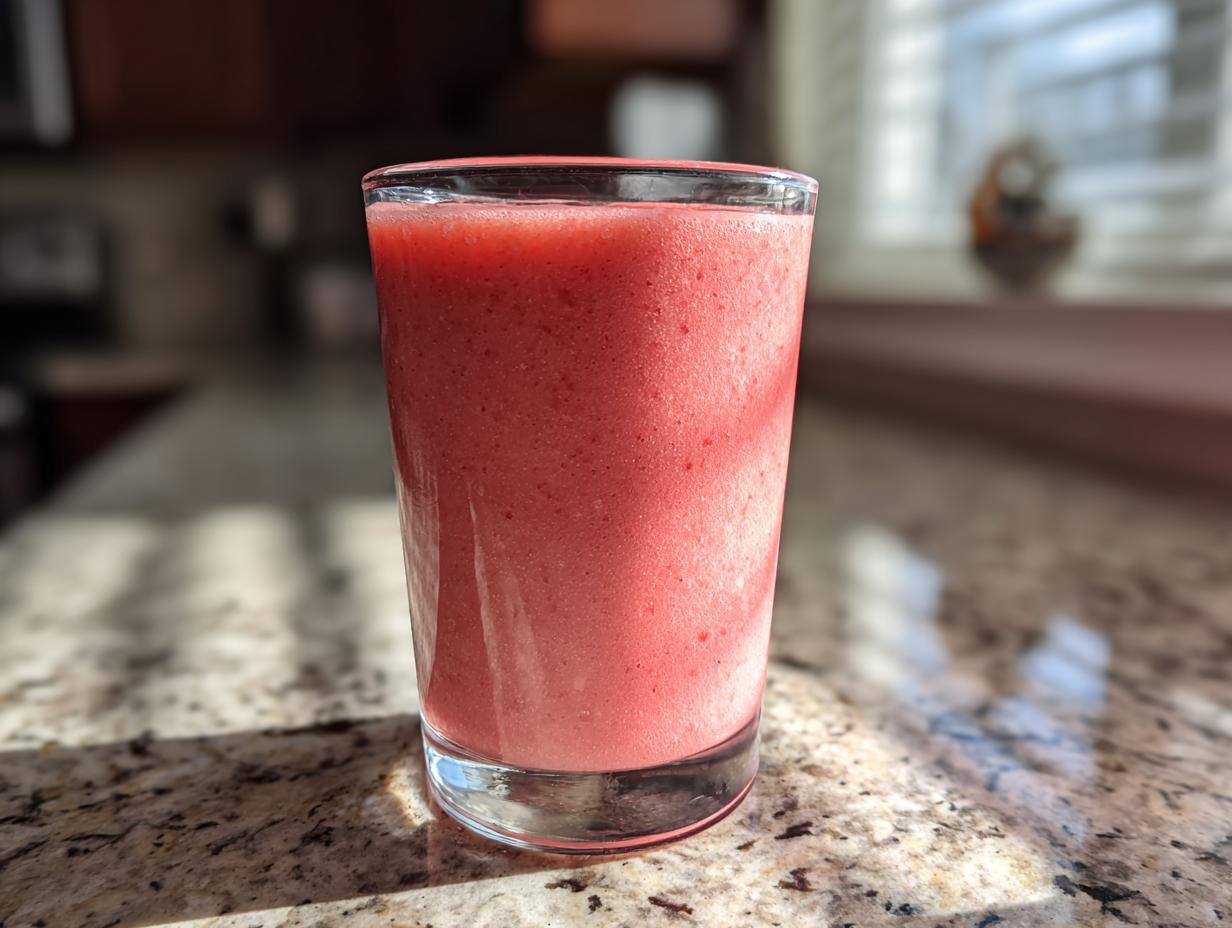 A close-up of a vibrant pink watermelon smoothie in a clear glass sitting on a granite countertop.