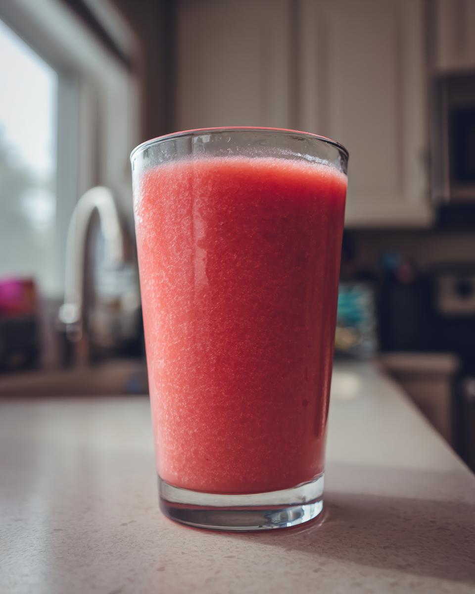 A tall glass filled with a vibrant, frosty watermelon smoothie sitting on a kitchen counter.