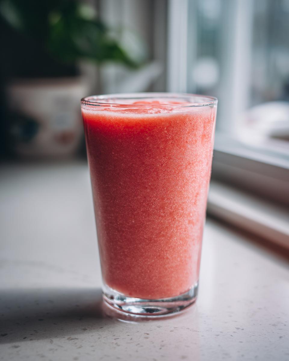 A tall glass filled with a vibrant pink, icy watermelon smoothie sitting on a light countertop near a window.