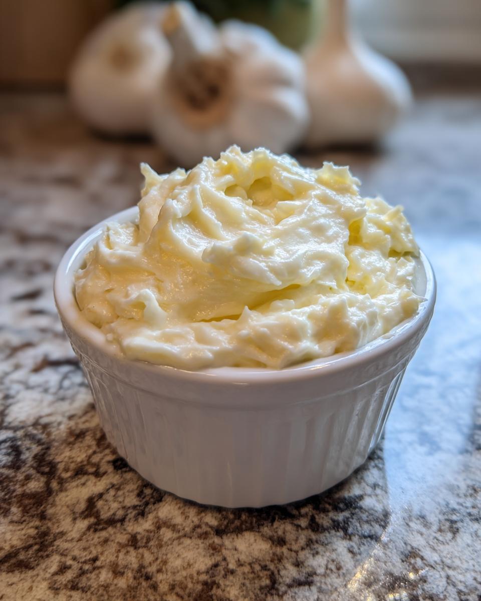 Close-up of creamy, whipped garlic sauce served in a small white ramekin, with garlic bulbs blurred in the background.