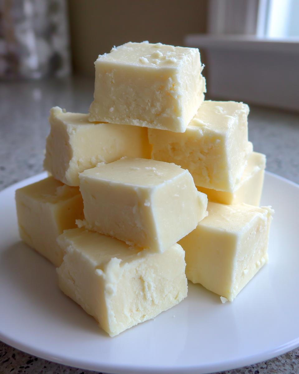 A stack of creamy, pale yellow cubes of homemade white chocolate fudge resting on a white plate.