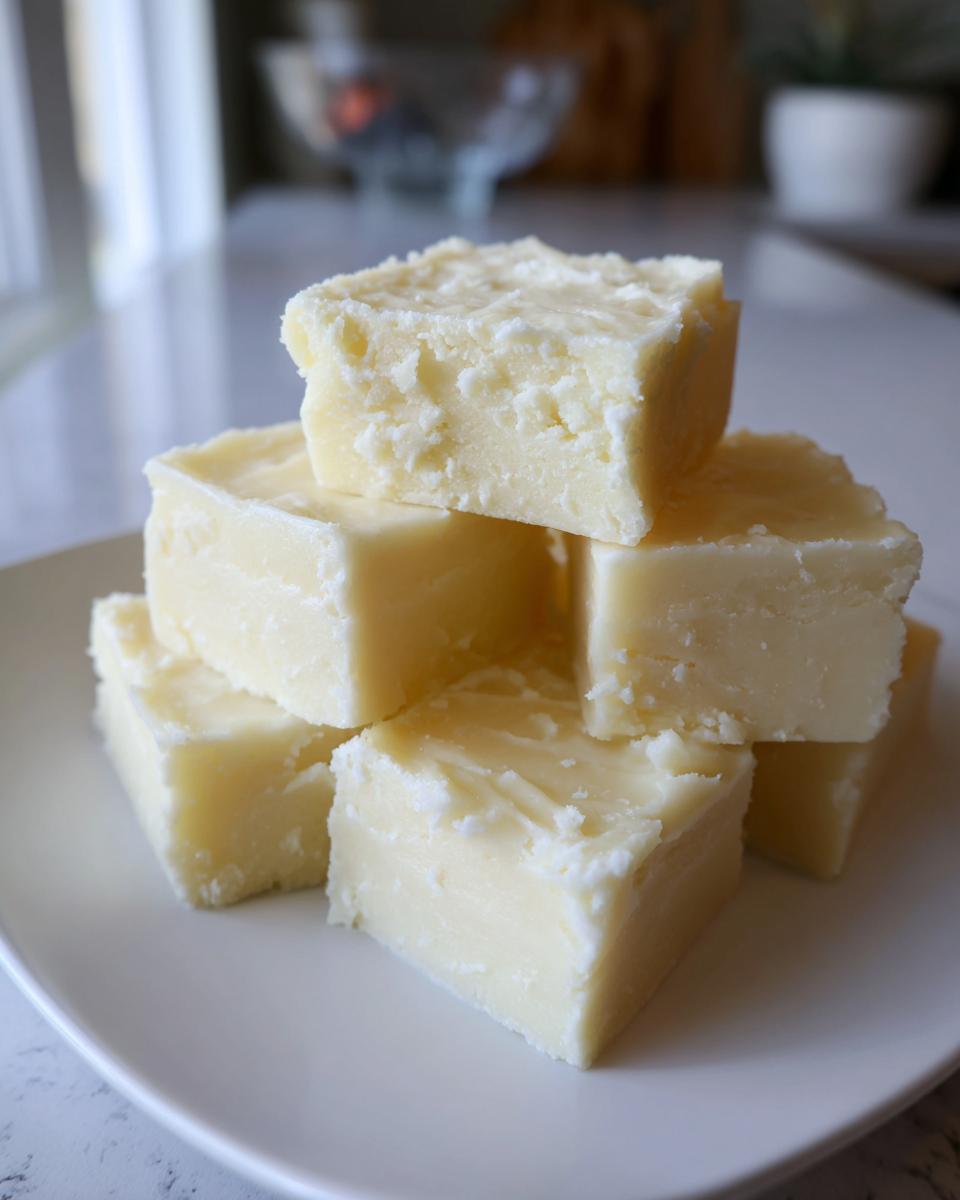 A stack of creamy, pale yellow squares of homemade white chocolate fudge resting on a white plate.