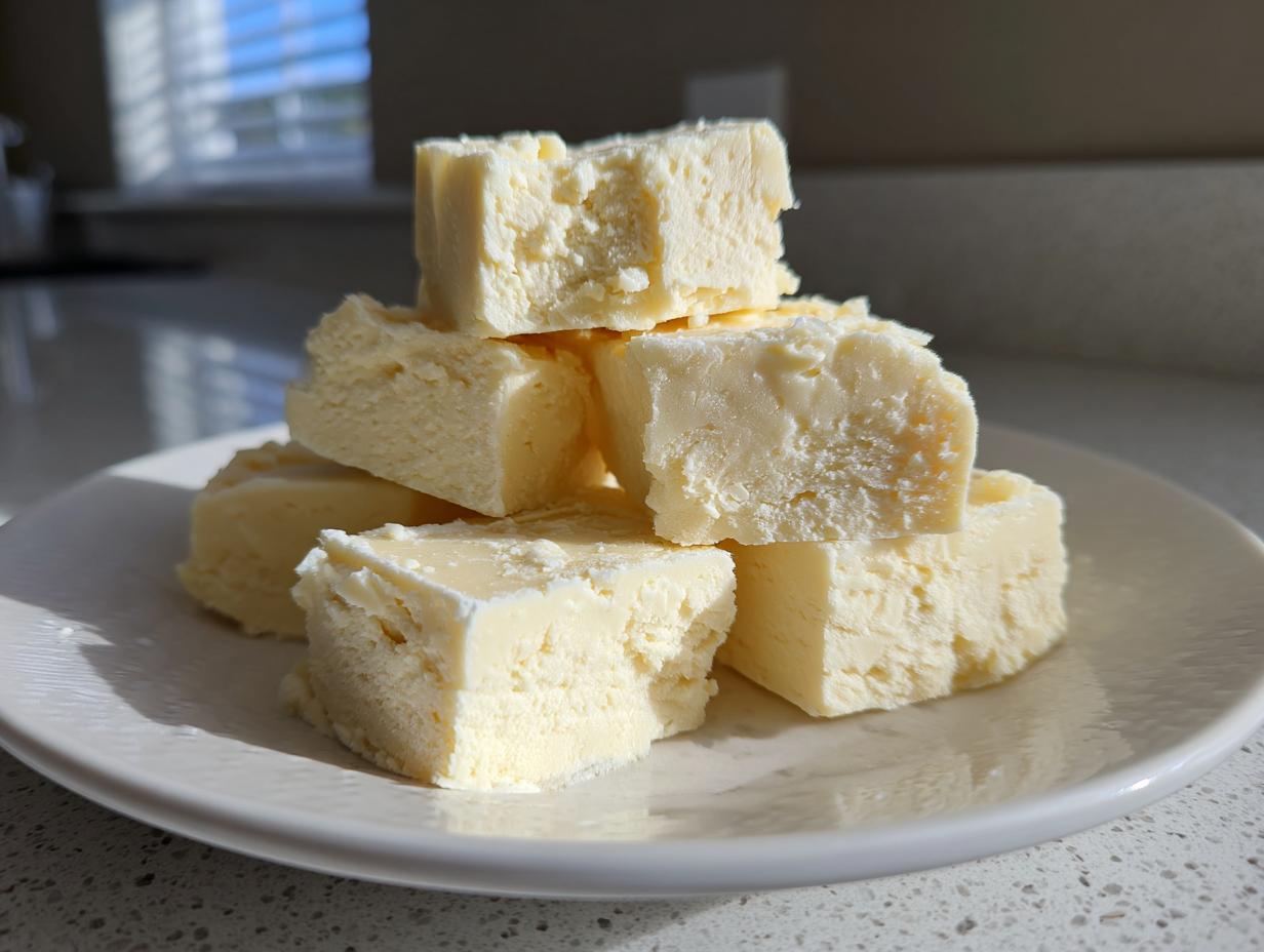 A stack of creamy, pale yellow squares of homemade white chocolate fudge resting on a white plate.