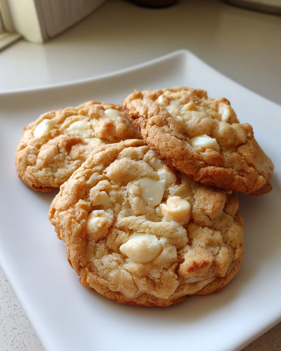 Close-up of three golden brown white chocolate macadamia nut cookies stacked slightly on a white plate.