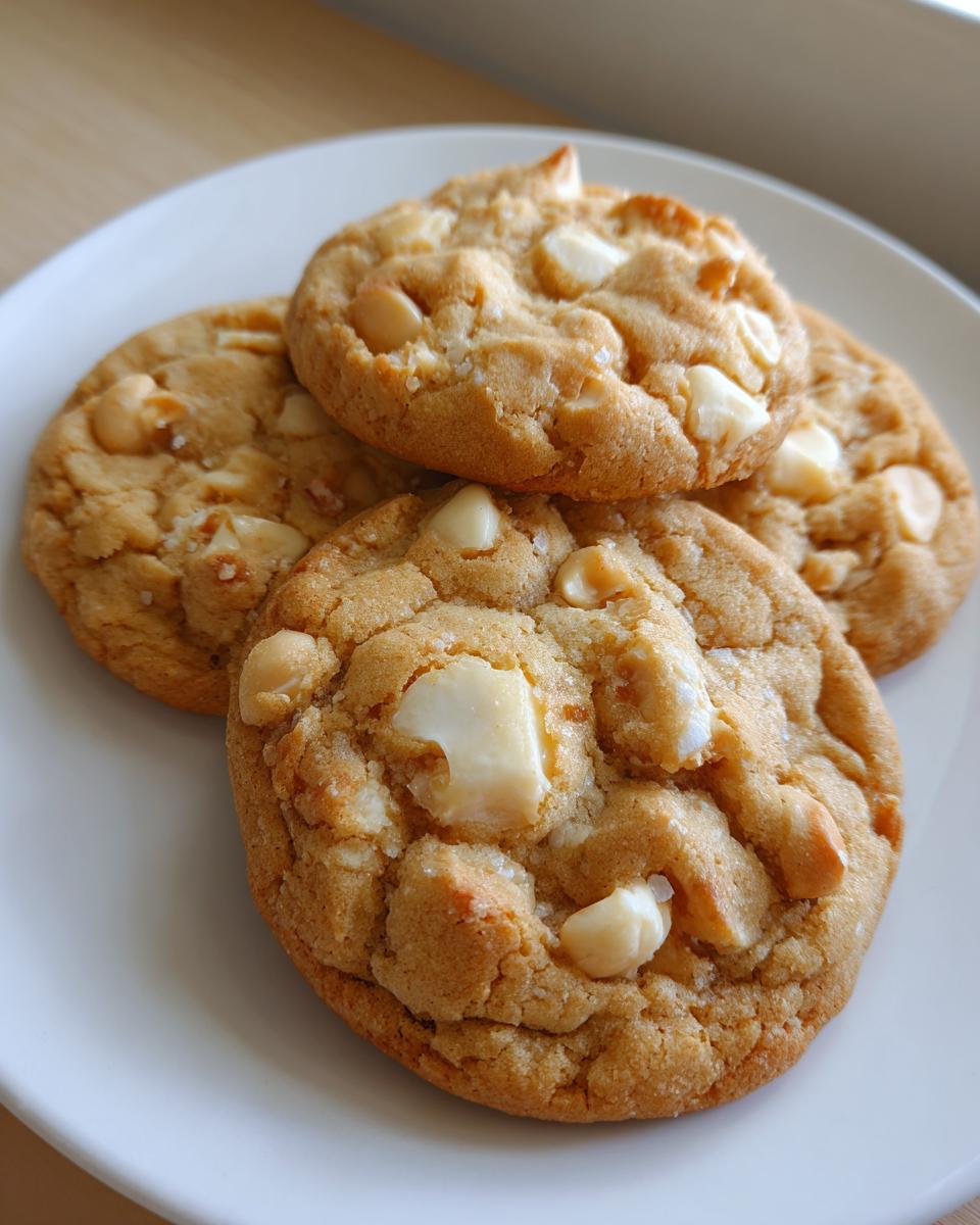 Close-up of three golden brown white chocolate macadamia nut cookies stacked on a white plate.