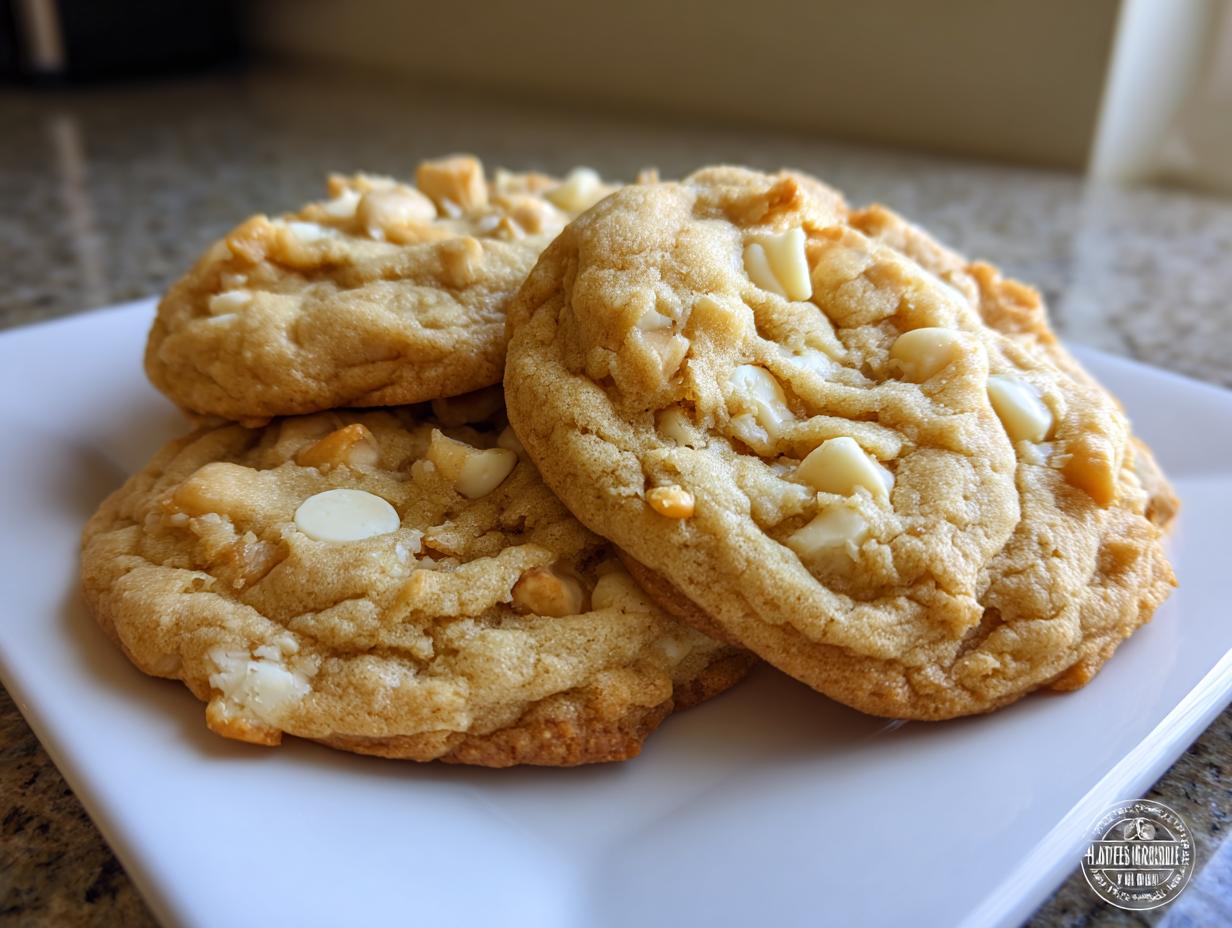 Close-up of three golden brown white chocolate macadamia nut cookies stacked on a white plate.