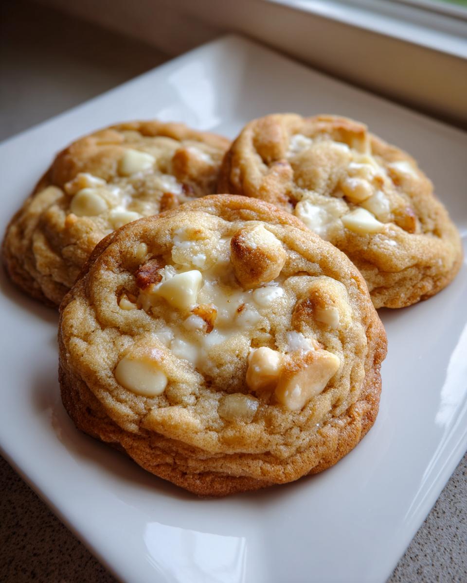 Three freshly baked white chocolate macadamia nut cookies stacked slightly on a white square plate.