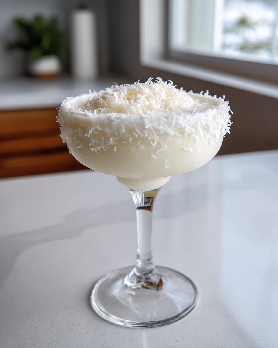 A creamy white Christmas margarita garnished heavily with shredded coconut on the rim and top.