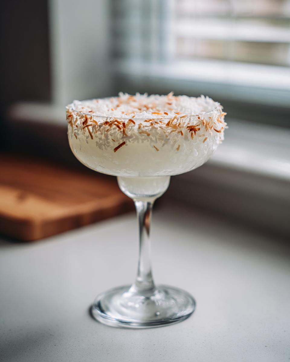 A frosty white christmas margarita in a coupe glass, featuring a thick rim of shredded and toasted coconut.