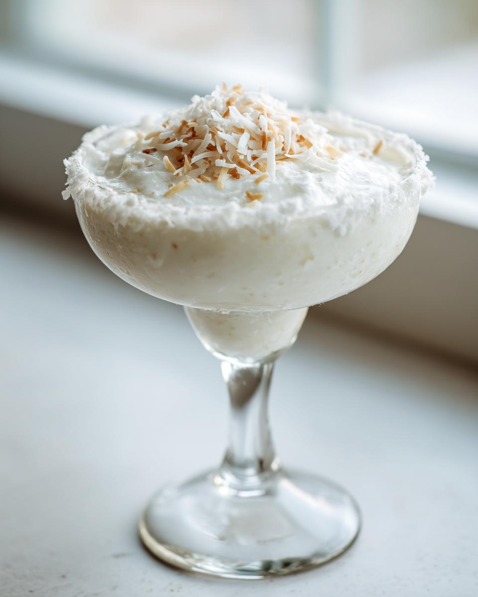 A creamy white Christmas margarita served in a glass with a sugared rim and toasted coconut flakes on top.