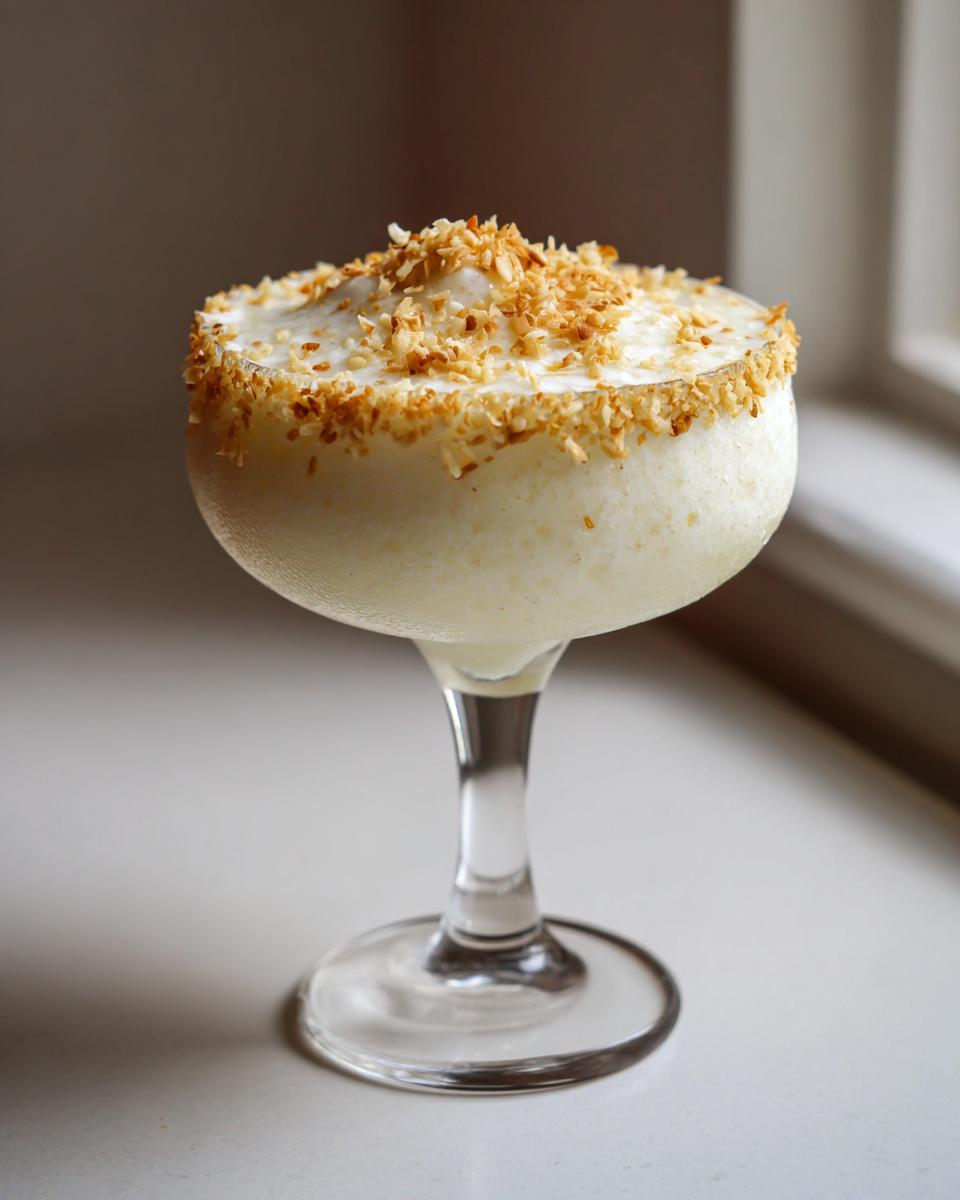 A creamy white Christmas margarita served in a coupe glass, garnished with a toasted coconut rim.