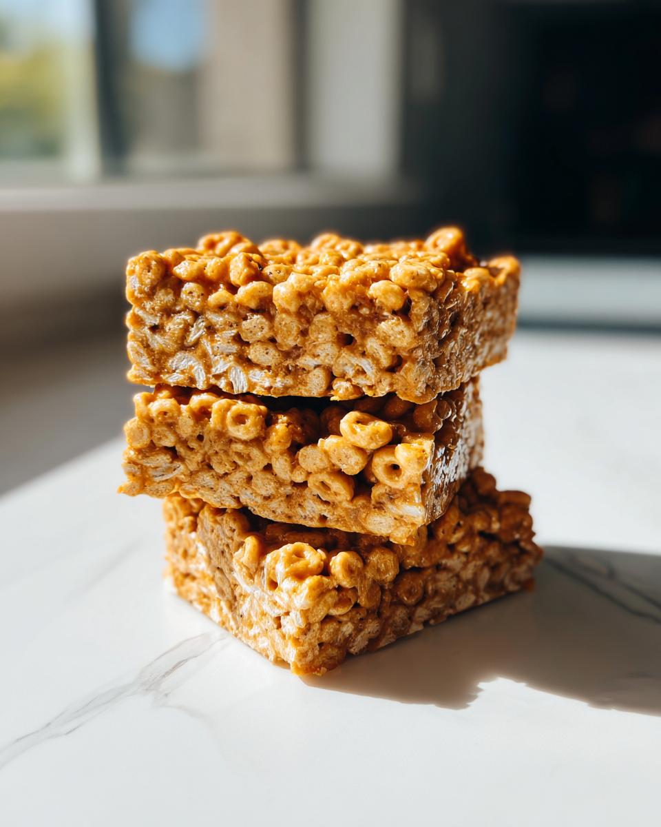 A stack of three golden brown, chewy cheerio bars resting on a white marble surface.