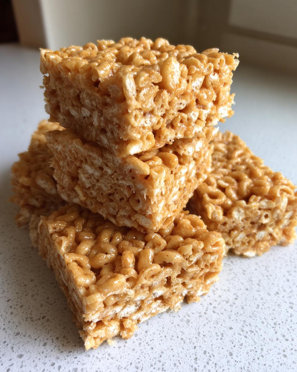 A stack of four golden brown, chewy cheerio bars made with puffed cereal, sitting on a white countertop.