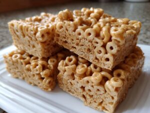 Close-up of stacked, gooey, golden-brown cheerio bars made with cereal rings.