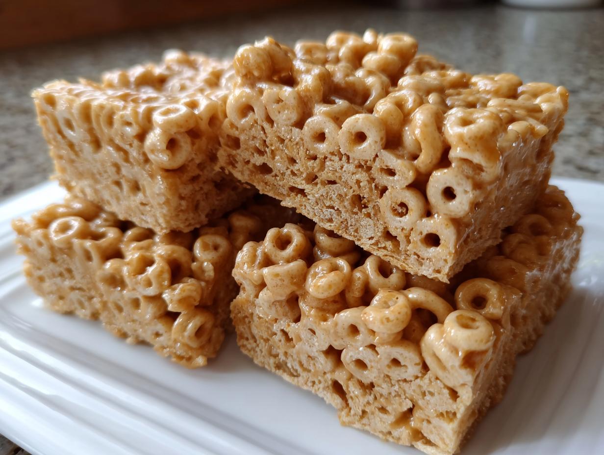 Close-up of stacked, gooey, golden-brown cheerio bars made with cereal rings.