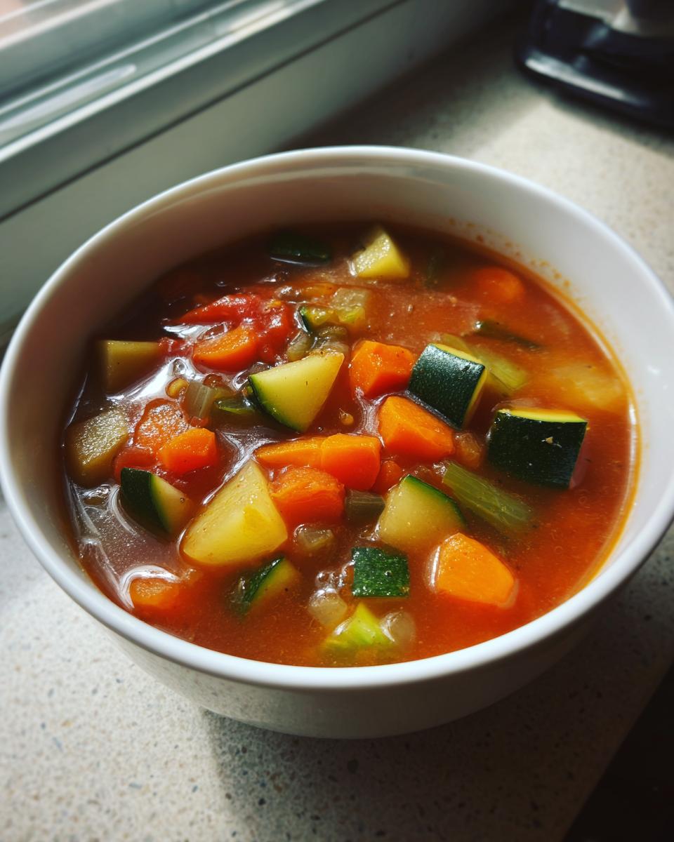 Close-up of a white bowl filled with chunky vegetable soup featuring carrots, zucchini, and potatoes in a tomato broth.
