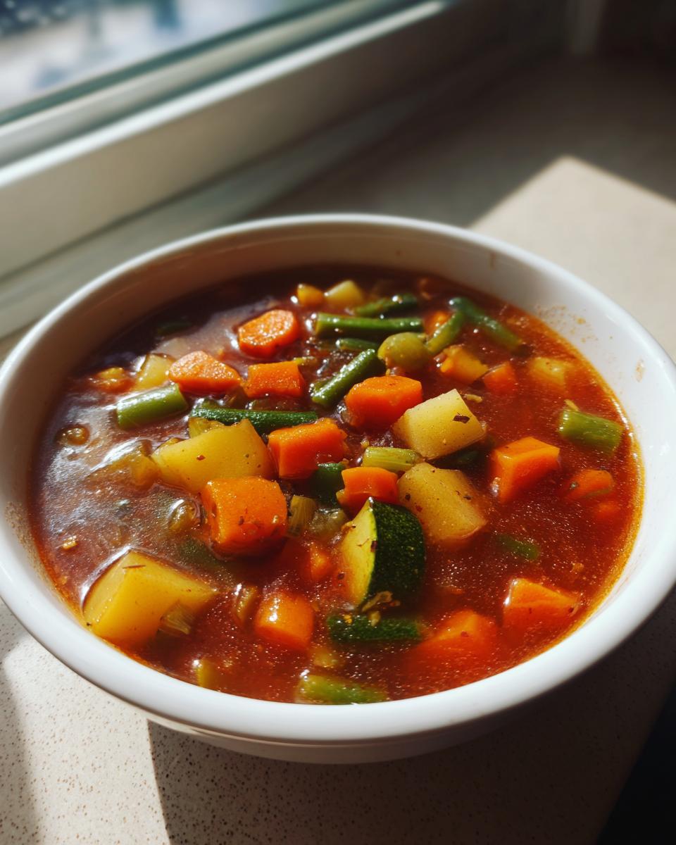 Close-up of a white bowl filled with chunky, rich vegetable soup featuring carrots, potatoes, and green beans.
