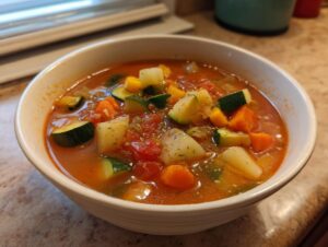 Close-up of a white bowl filled with chunky, tomato-based vegetable soup featuring zucchini, carrots, and potatoes.