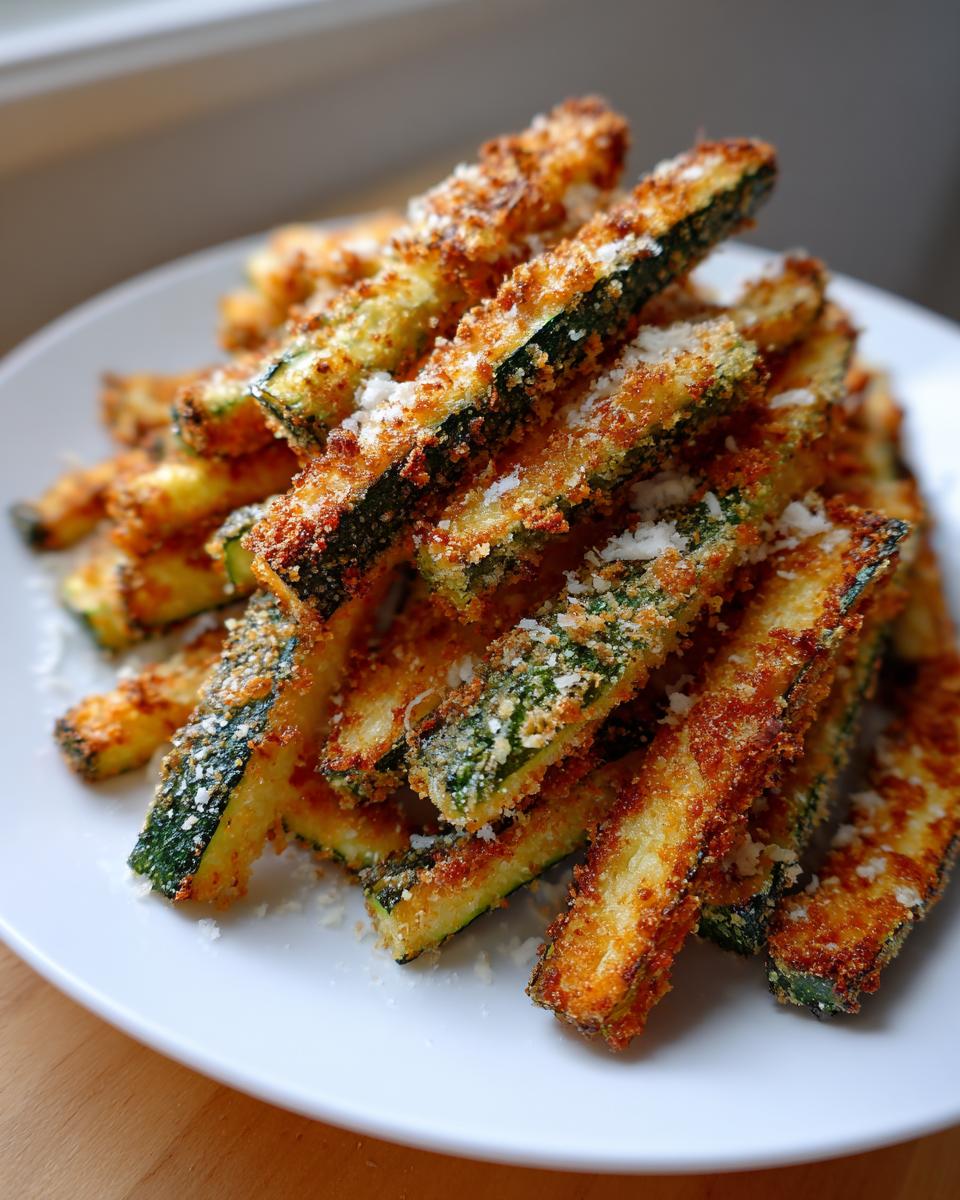 A pile of golden brown, crispy air fryer zucchini sticks sprinkled with grated Parmesan cheese.