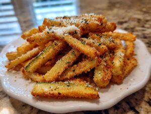 A pile of golden brown, breaded air fryer zucchini fries topped with grated Parmesan cheese and herbs.