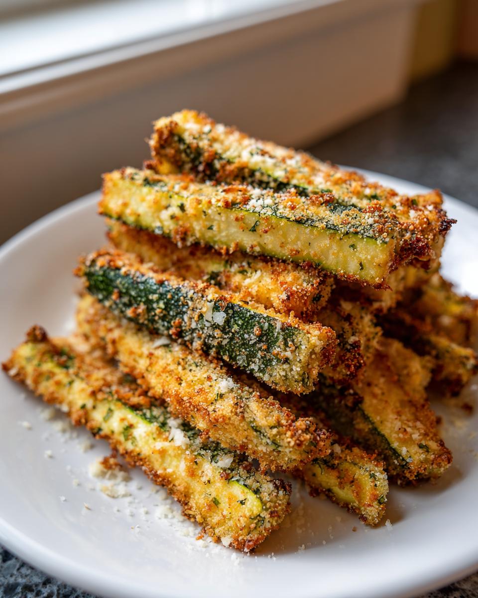 A stack of golden brown, crispy air fryer zucchini sticks coated in breading and Parmesan cheese.