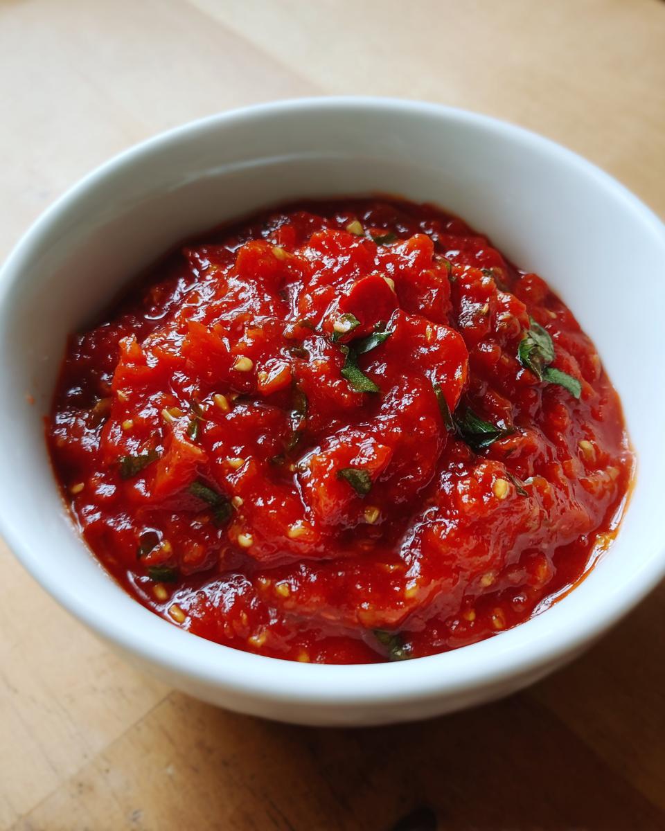 Close-up of chunky, bright red homemade tomato sauce with visible herbs and seeds in a white bowl.
