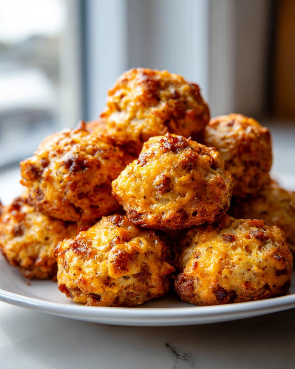 A close-up stack of golden brown, baked sausage balls piled high on a white plate.