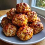 A close-up stack of freshly baked, golden brown sausage balls with melted cheese on a light gray plate.