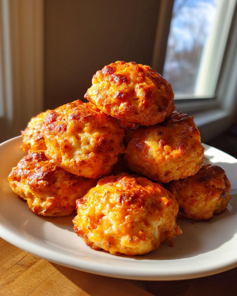 A stack of golden brown, baked sausage balls piled high on a white plate near a sunny window.