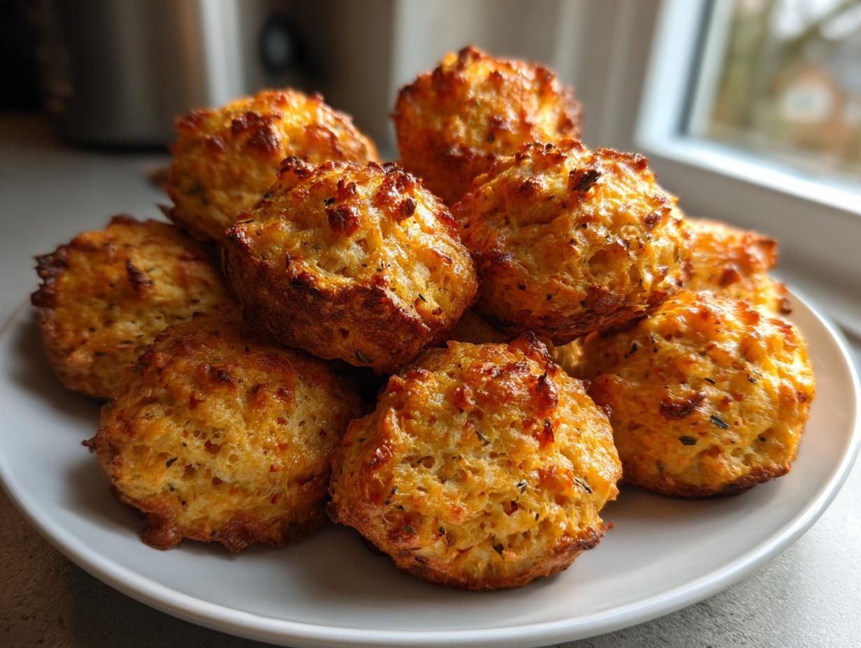 A pile of freshly baked, golden brown sausage balls with crispy edges stacked on a white plate.