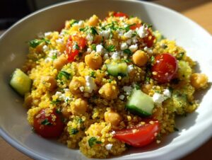 Close-up of a vibrant quinoa salad featuring yellow quinoa, chickpeas, cherry tomatoes, cucumber, and feta cheese.