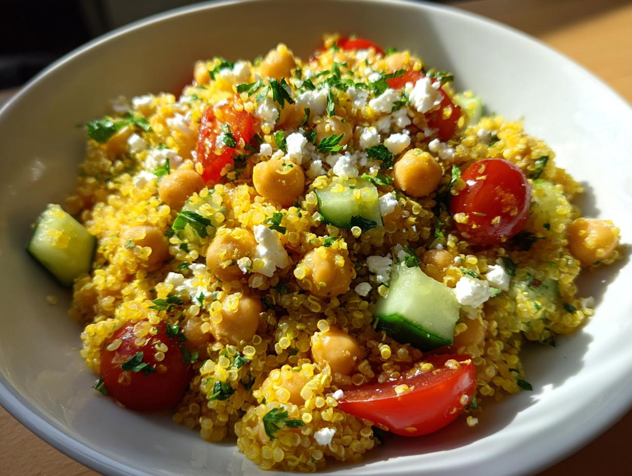 Close-up of a vibrant quinoa salad featuring yellow quinoa, chickpeas, cherry tomatoes, cucumber, and feta cheese.