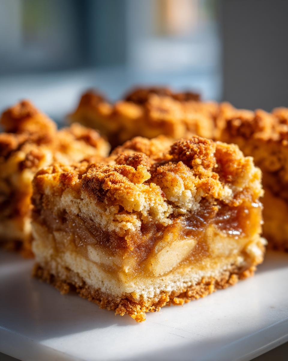 A close-up, mouth-watering shot of a thick, layered apple pie bars slice showing the buttery crust and gooey apple filling.