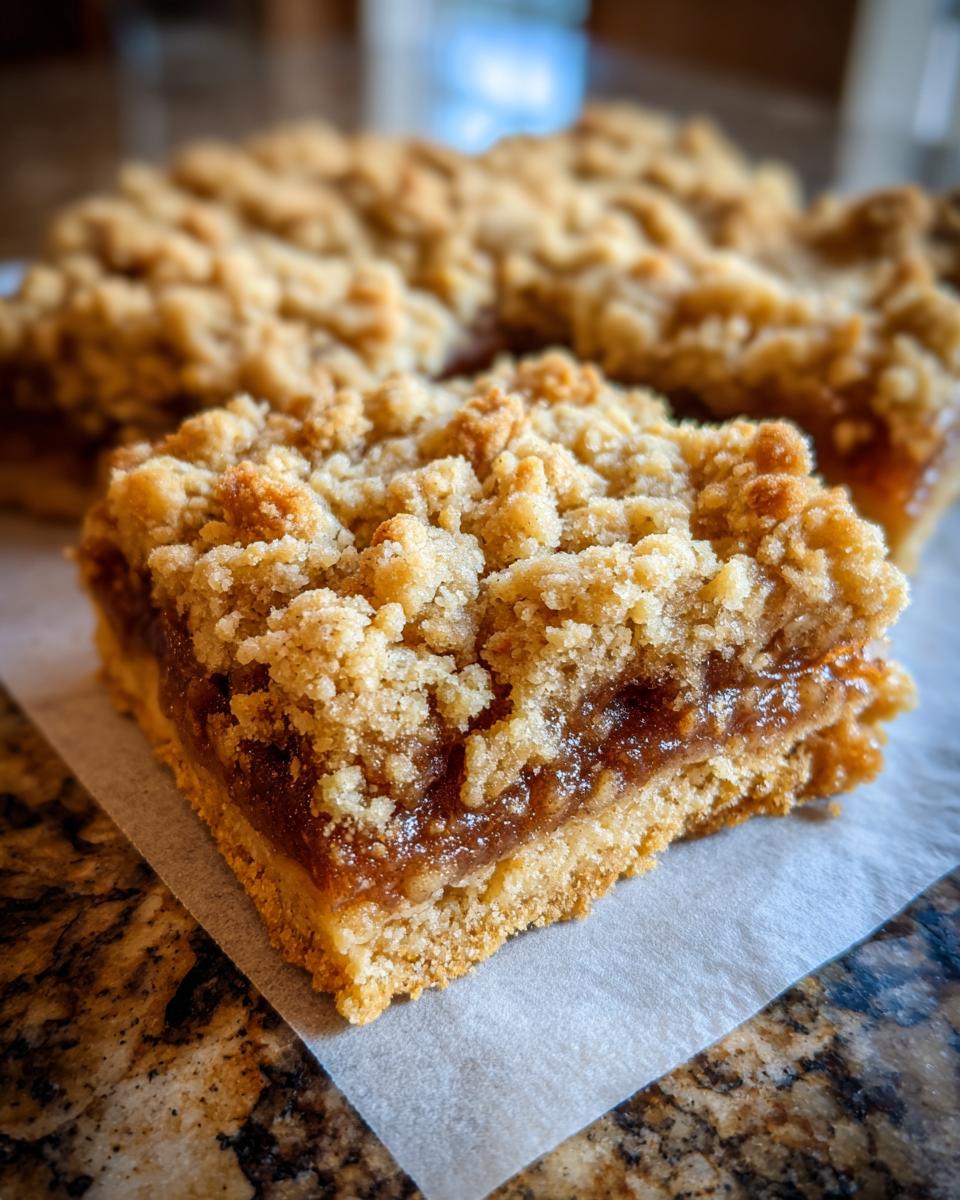 A close-up of a square portion of apple pie bars showing the thick, gooey apple filling and crumbly topping.