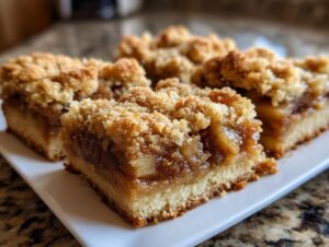 Close-up of several moist apple pie bars featuring a thick layer of spiced apple filling and a golden, crumbly streusel topping.
