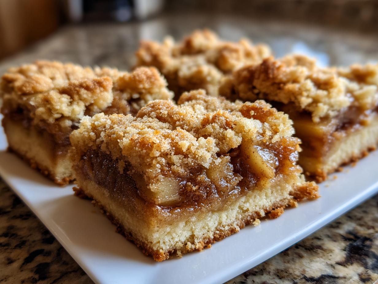 Close-up of several moist apple pie bars featuring a thick layer of spiced apple filling and a golden, crumbly streusel topping.