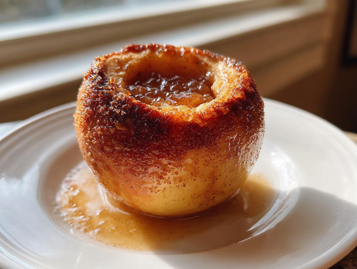 A close-up of a warm, caramelized baked apple sitting in its sweet syrup on a white plate.