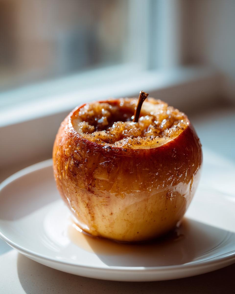 A single, glistening baked apple filled with brown sugar and cinnamon, resting on a white plate.