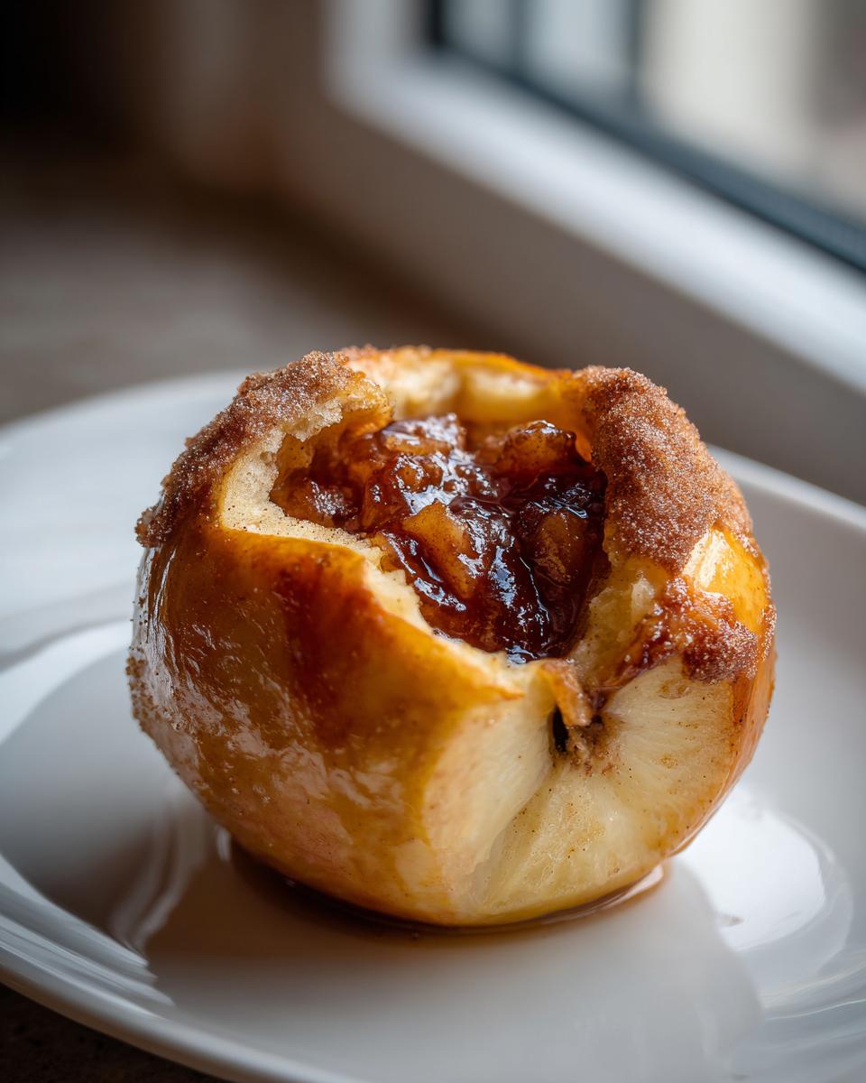 Close-up of a glistening baked apple, cored and filled with caramelized topping, rimmed with cinnamon sugar.