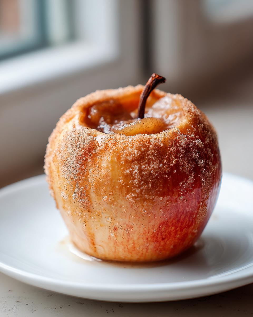 A single, warm baked apple coated in cinnamon sugar resting on a white plate.