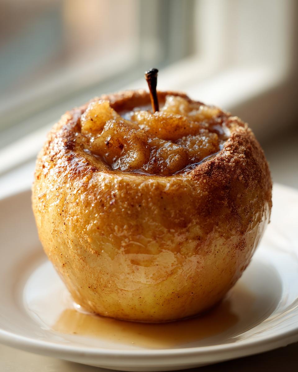 A single, glistening baked apple, cored and filled with spiced apple mixture, sitting on a white plate.